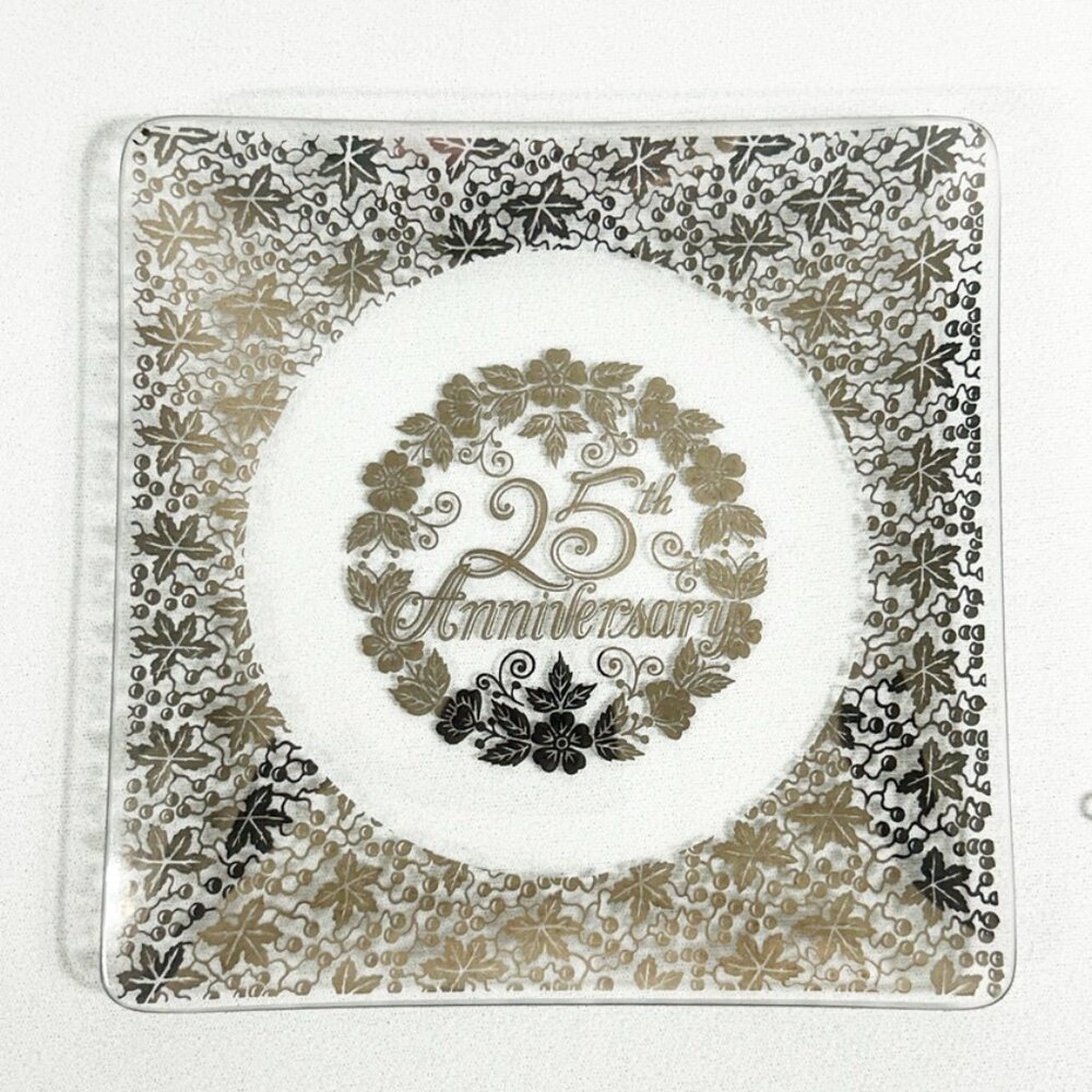 Vintage 25th Anniversary Glass Gift Tray Plate in Clear/Silver